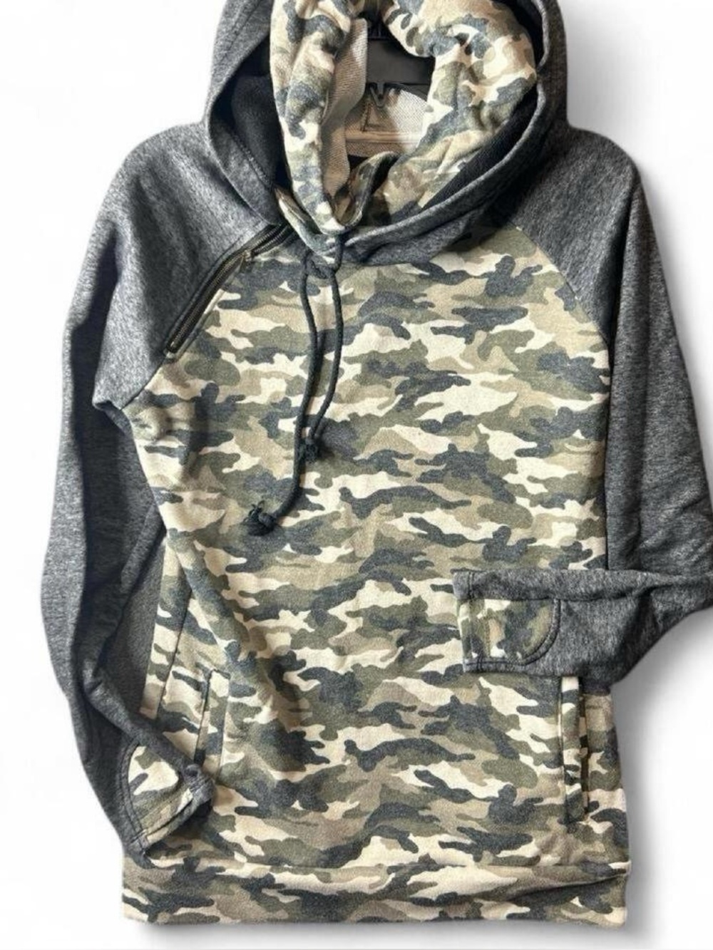 Ampersand Ave Camouflage Double Hoodie with Gray Sleeves Pockets